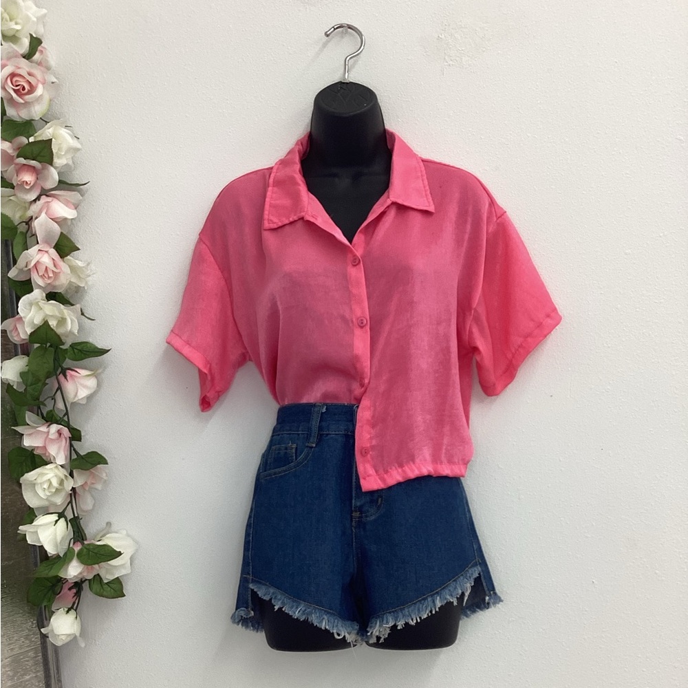 Barbie woven satin short sleeve button up shirt pink